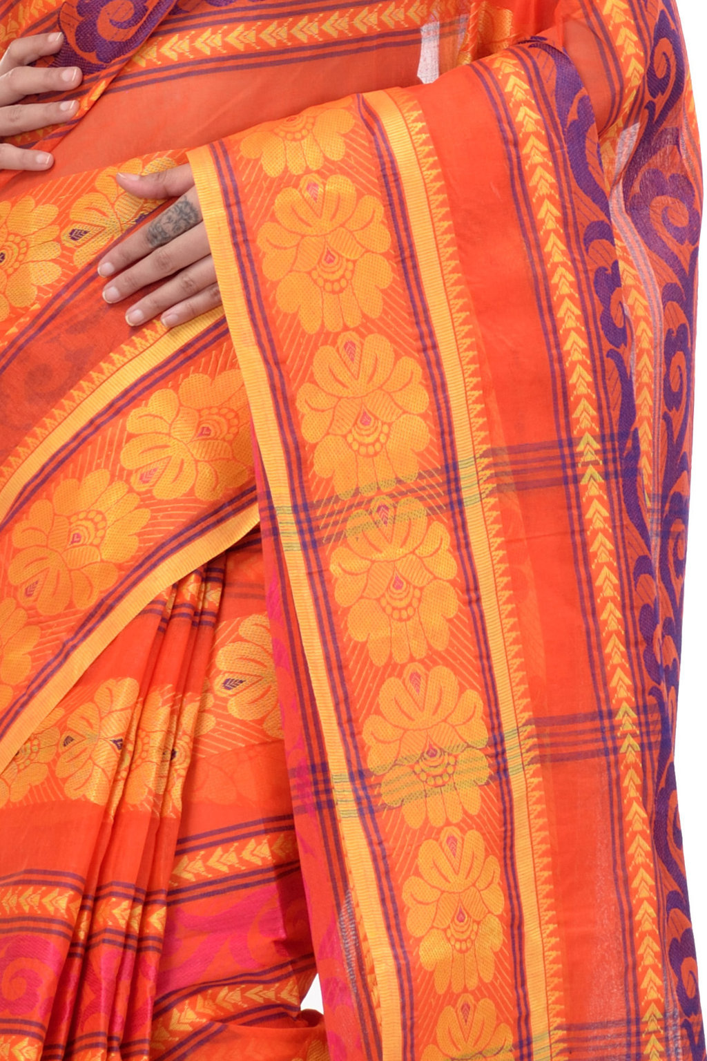 Orange Pure Cotton Aditi Desiging Tant Saree (456)